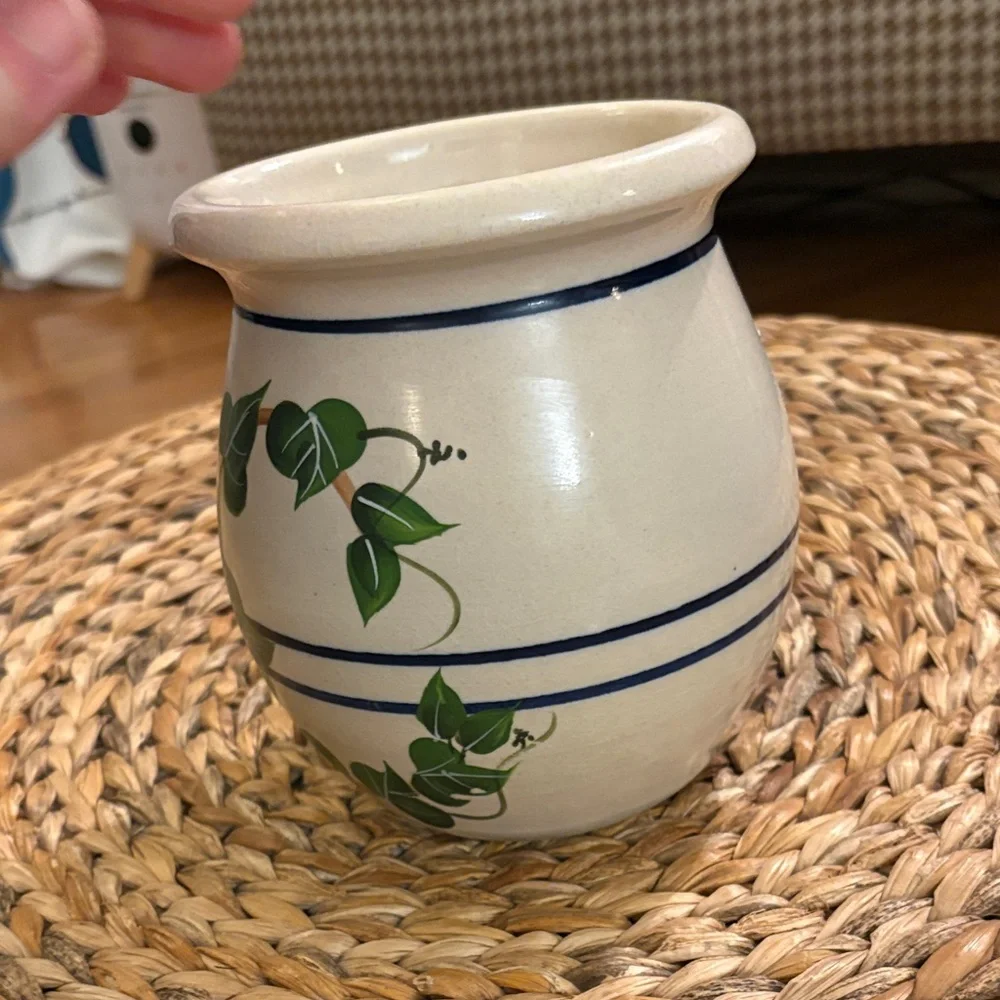Stoneware Storage Jar with Green Leaf Design